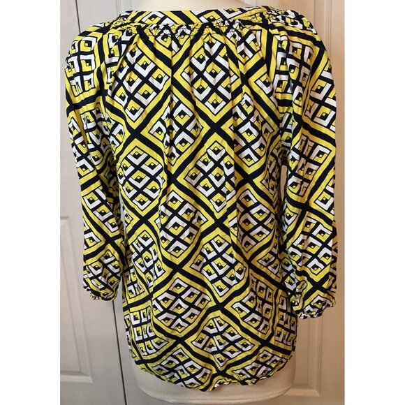 Crown & Ivy Black Yellow White Geometric V-Neck Blouse Top 3/4 Sleeve - Picture 3 of 3